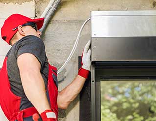 A worker in a red cap and overalls installs an electrical component outside. He adjusts wiring near a metal frame, reflecting a focused and professional approach.